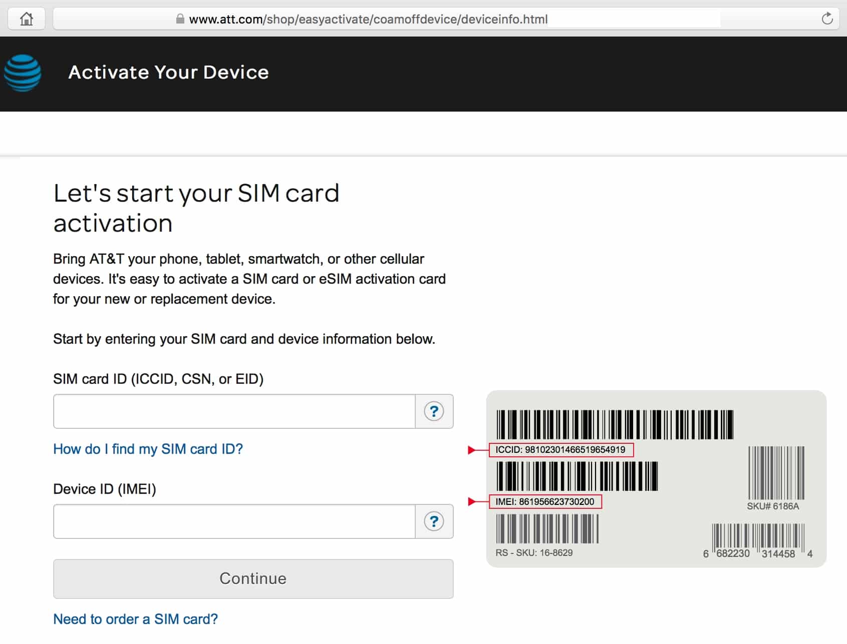 A screenshot of the AT&T Easy SIM Activation webpage